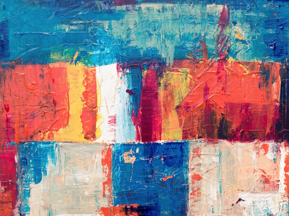 Steve A Johnson abstract painting with broad blue areas, coral blocks, and textured white paint