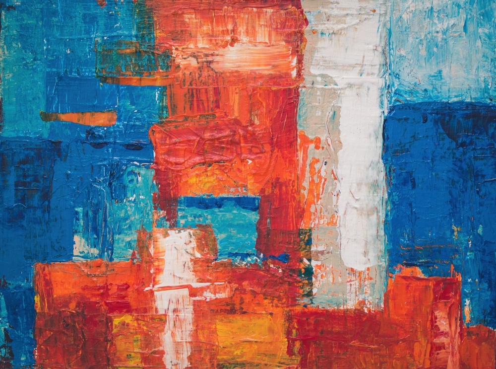 Steve A Johnson abstract painting with blue edges, orange marks, and a pale center