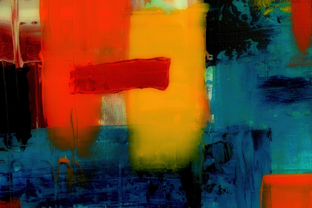 Steve A Johnson abstract painting with a red band, yellow center, and deep blue paint